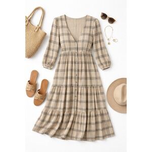 Marine Layer Plaid Midi Dress XL Beige Black Seersucker Boho Cottagecore Fall